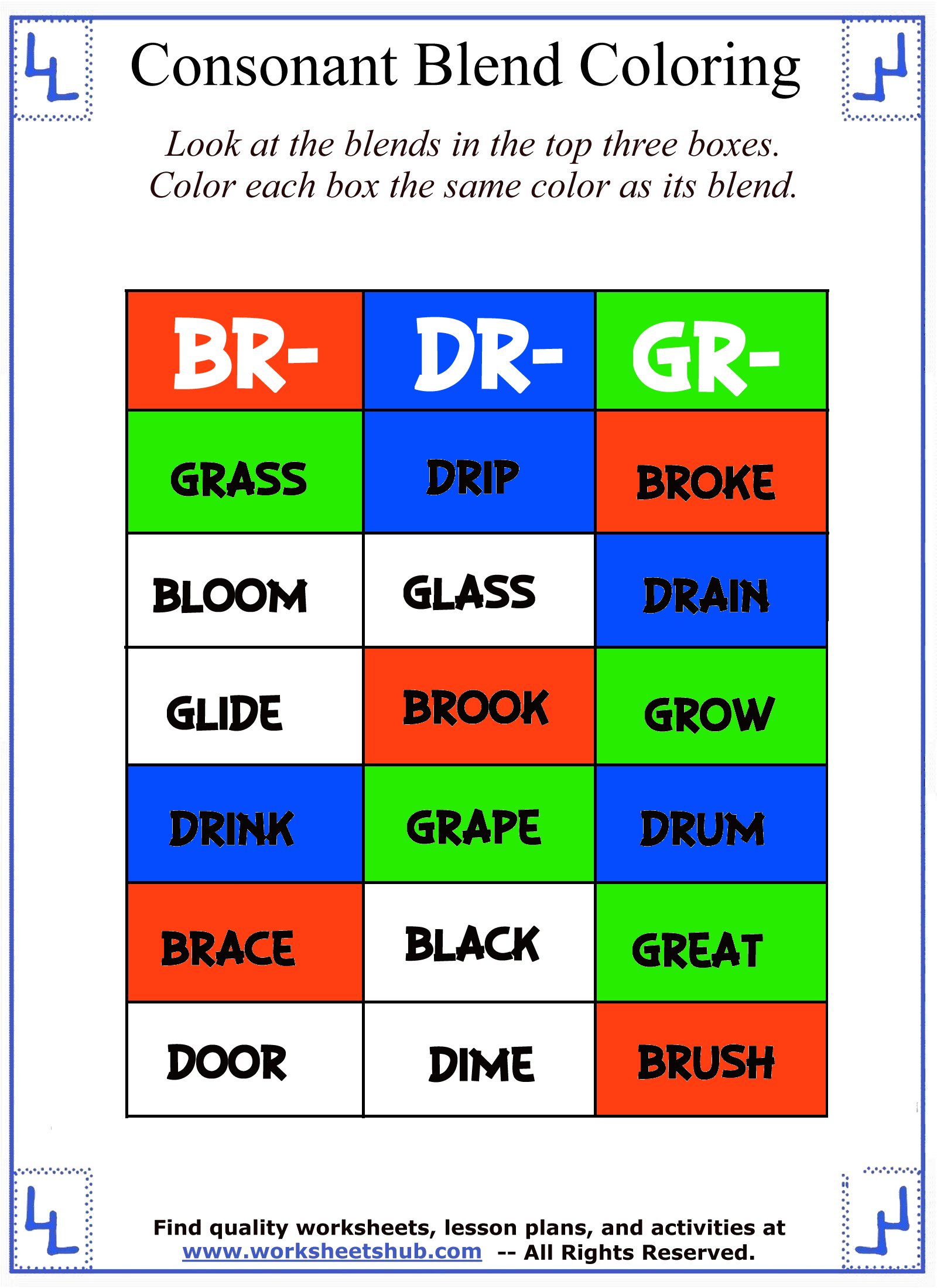 Consonant Blend Worksheets Identify Color