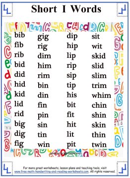 Short Vowel Sound - Word Lists