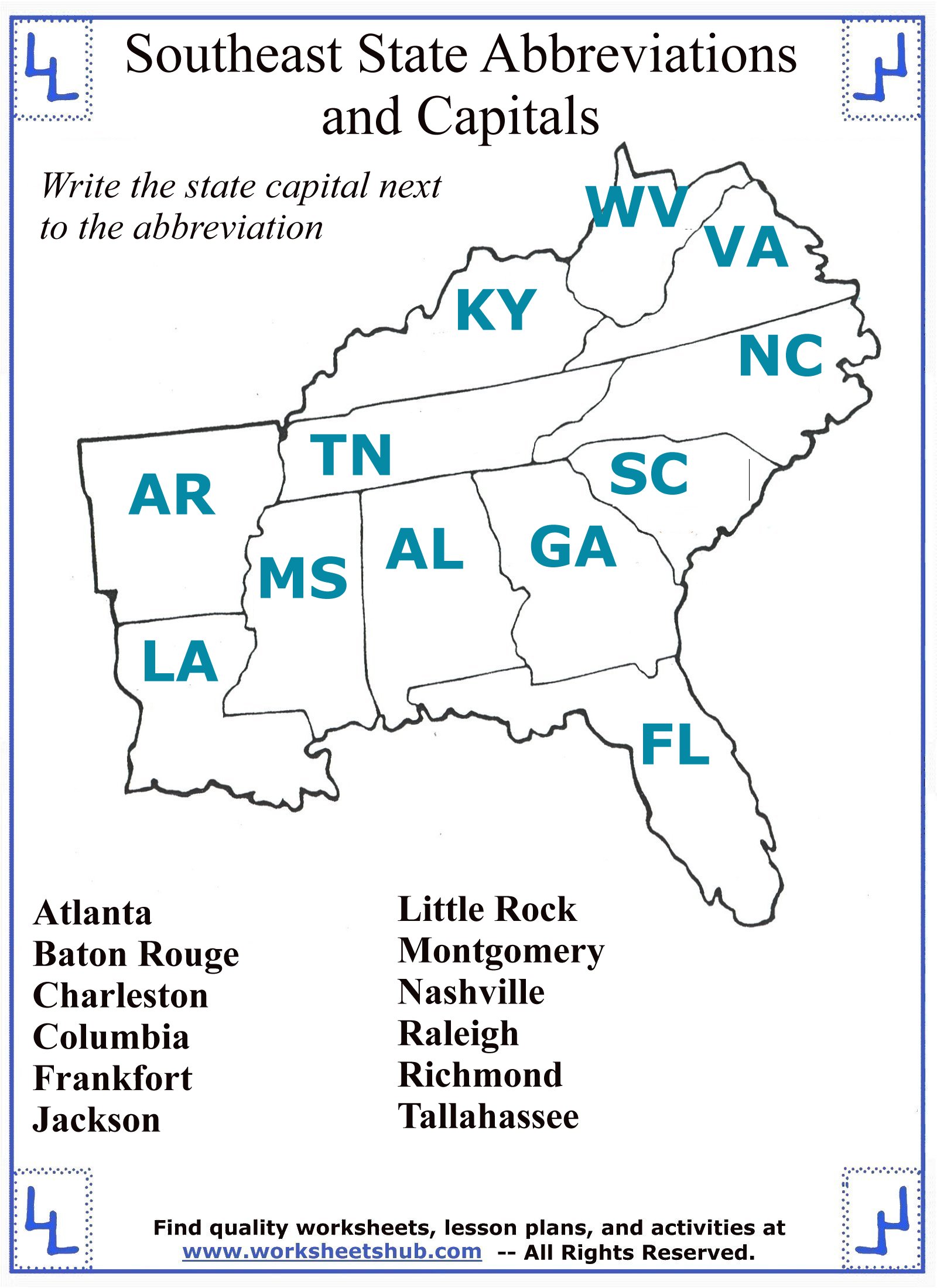 Southeast States And Capitals Quiz Printable