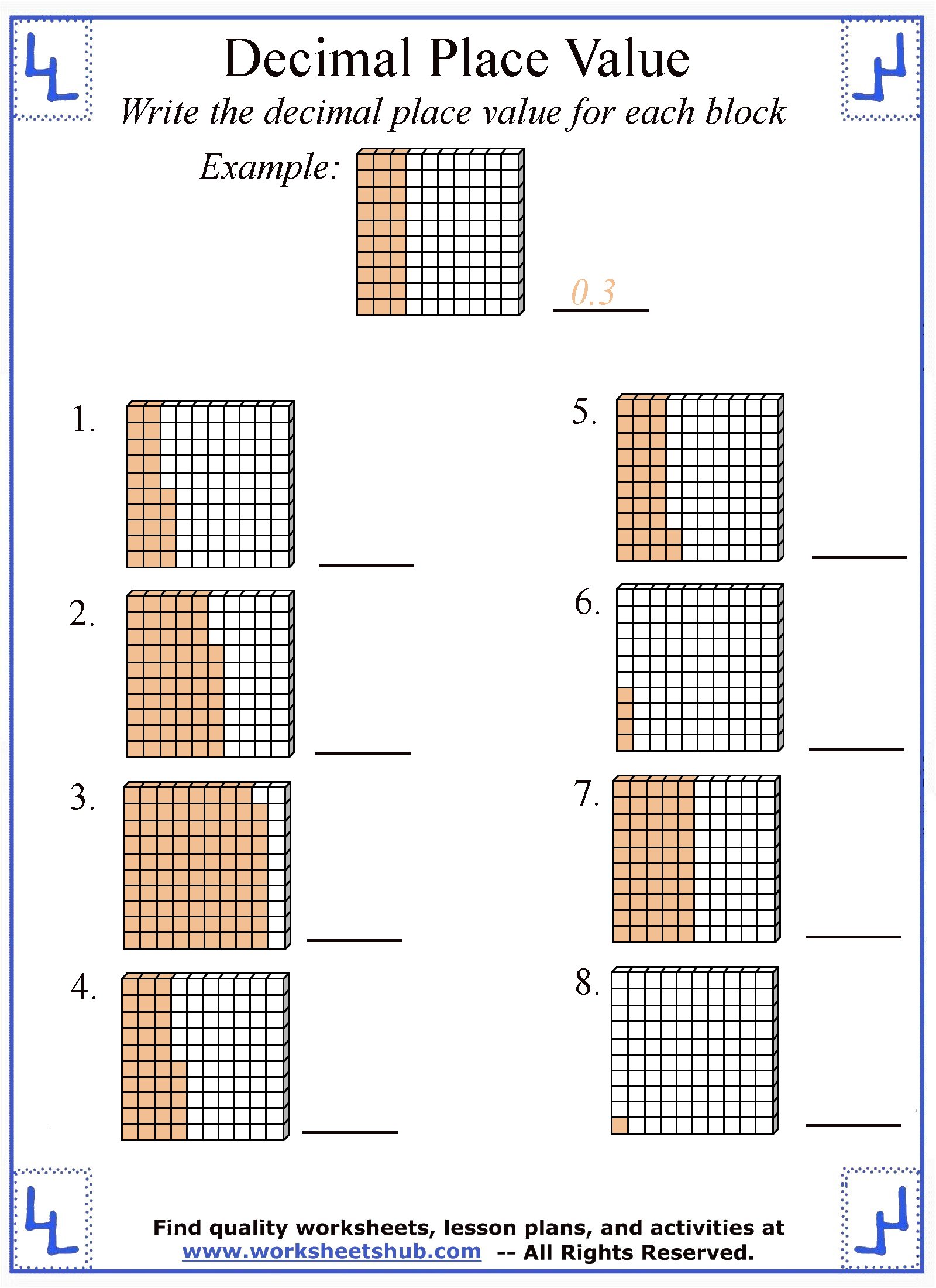 Identifying Decimal Place Value Worksheets