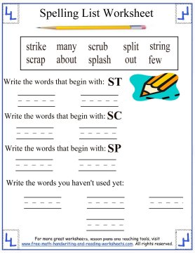 Spelling Words First Grade Blends str /scr /sp